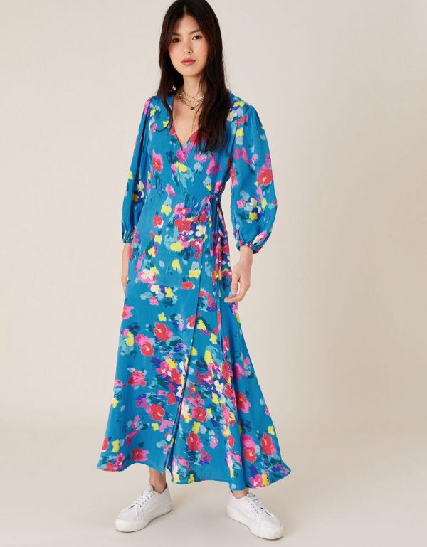 Monsoon Wedding Guest Dresses \u0026 Outfits | Ellie Floral Wrap Dress in  Sustainable Viscose Turquoise - Womens ⋆ Yesjessknits